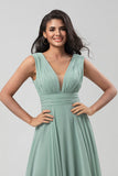 Matcha A Line Detachable Chiffon Bridesmaid Dress with Long Sleeves