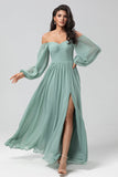 Matcha A Line Off the Shoulder Chiffon Bridesmaid Dress with Slit
