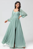 Matcha A Line Off the Shoulder Chiffon Bridesmaid Dress with Slit