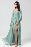Matcha A Line Off the Shoulder Chiffon Bridesmaid Dress with Slit
