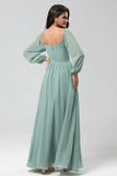 Matcha A Line Off the Shoulder Chiffon Bridesmaid Dress with Slit