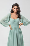 Matcha A Line Off the Shoulder Chiffon Bridesmaid Dress with Slit