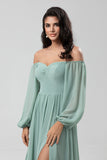 Matcha A Line Off the Shoulder Chiffon Bridesmaid Dress with Slit