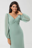 Matcha Sheath V Neck Chiffon Knotted Long Bridesmaid Dress with Slit