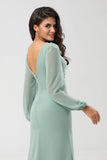 Matcha Sheath V Neck Chiffon Knotted Long Bridesmaid Dress with Slit