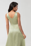 Dusty Sage A Line Floor-Length Satin Bridesmaid Dress