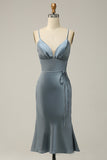 Grey Blue Sheath Spaghetti Straps Satin Midi Bridesmaid Dress