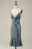 Grey Blue Sheath Spaghetti Straps Satin Midi Bridesmaid Dress