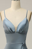 Grey Blue Sheath Spaghetti Straps Satin Midi Bridesmaid Dress