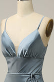 Grey Blue Sheath Spaghetti Straps Satin Midi Bridesmaid Dress
