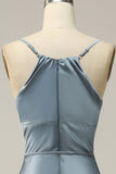 Grey Blue Sheath Spaghetti Straps Satin Midi Bridesmaid Dress