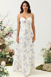 White Purple Flower A-Line Spaghetti Straps Chiffon Floor-Length Bridesmaid Dress
