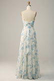 White Purple Flower A-Line Spaghetti Straps Chiffon Floor-Length Bridesmaid Dress