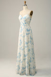 White Purple Flower A-Line Spaghetti Straps Chiffon Floor-Length Bridesmaid Dress