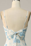 White Blue Flower A-Line Spaghetti Straps Chiffon Floor-Length Bridesmaid Dress