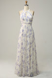 White Purple Flower Sheath Halter Backless Ruched Chiffon Bridesmaid Dress