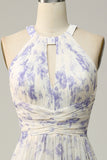 White Purple Flower Sheath Halter Backless Ruched Chiffon Bridesmaid Dress
