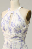 White Purple Flower Sheath Halter Backless Ruched Chiffon Bridesmaid Dress