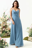 Grey Blue A Line Spaghetti Straps Floor Length Bridesmaid Dress with Ruffles