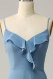 Grey Blue A Line Spaghetti Straps Floor Length Bridesmaid Dress with Ruffles