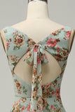 Green Floral A Line Square Neck Long Bridesmaid Dress with Open Back