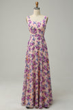 Pink A Line Square Neck Floral Printed Chiffon Wedding Party Dress with Open Back