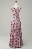 Green Floral A Line Square Neck Long Bridesmaid Dress with Open Back