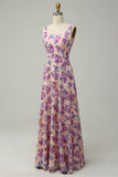 Green Floral A Line Square Neck Long Bridesmaid Dress with Open Back