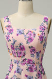 Green Floral A Line Square Neck Long Bridesmaid Dress with Open Back