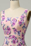 Green Floral A Line Square Neck Long Bridesmaid Dress with Open Back