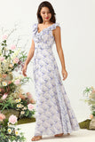 Lignt Purple Flower A Line V Neck Chiffon Plus Size Bridesmaid Dress with Open Back