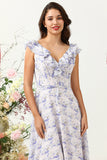 Lignt Purple Flower A Line V Neck Chiffon Plus Size Bridesmaid Dress with Open Back