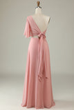 Grey Blue A Line One Shoulder Chiffon Boho Bridesmaid Dress
