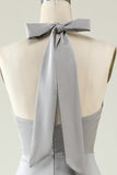 Grey A-Line Halter Backless Bright Satin Bridesmaid Dress with Slit