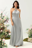 Grey A-Line Halter Bright Satin Floor-Length Bridesmaid Dress with Slit