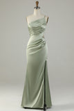 Sage A Line One Shoulder Bright Satin Bridesmaid Dress with Slit