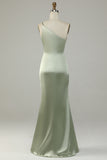 Sage A Line One Shoulder Bright Satin Bridesmaid Dress with Slit