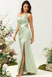 Sage A Line One Shoulder Bright Satin Bridesmaid Dress with Slit