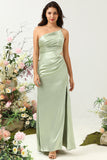Sage A Line One Shoulder Bright Satin Bridesmaid Dress with Slit