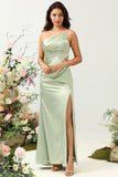 Sage A Line One Shoulder Bright Satin Bridesmaid Dress with Slit