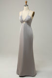 Grey Sheath Spaghetti Straps Bright Satin Bridesmaid Dress