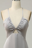 Grey Sheath Spaghetti Straps Bright Satin Bridesmaid Dress