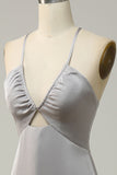 Grey Sheath Spaghetti Straps Bright Satin Bridesmaid Dress