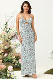 Grey Green Mermaid Spaghetti Straps Bright Satin Floral Bridesmaid Dress