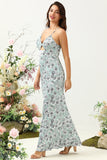 Grey Green Mermaid Spaghetti Straps Bright Satin Floral Bridesmaid Dress