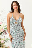 Grey Green Mermaid Spaghetti Straps Bright Satin Floral Bridesmaid Dress