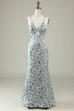 Grey Green Mermaid Spaghetti Straps Bright Satin Floral Bridesmaid Dress