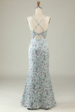 Grey Green Mermaid Spaghetti Straps Bright Satin Floral Bridesmaid Dress