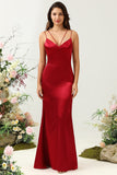 Burgundy Mermaid Spaghetti Straps Satin Bridesmaid Dress with Open Back