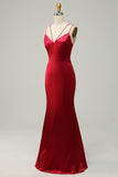 Burgundy Mermaid Spaghetti Straps Satin Bridesmaid Dress with Open Back